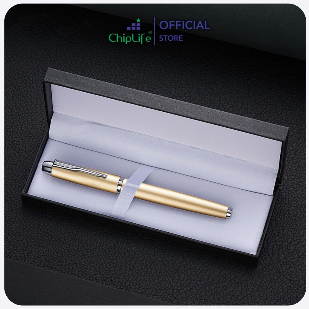 Bút ký khắc tên theo yêu cầu CHIPLIFE IMV029 - Vàng viền bạc ngòi 0.5mm mực xanh