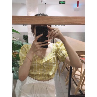 Áo mili caro crop (hình thật trải sàn)