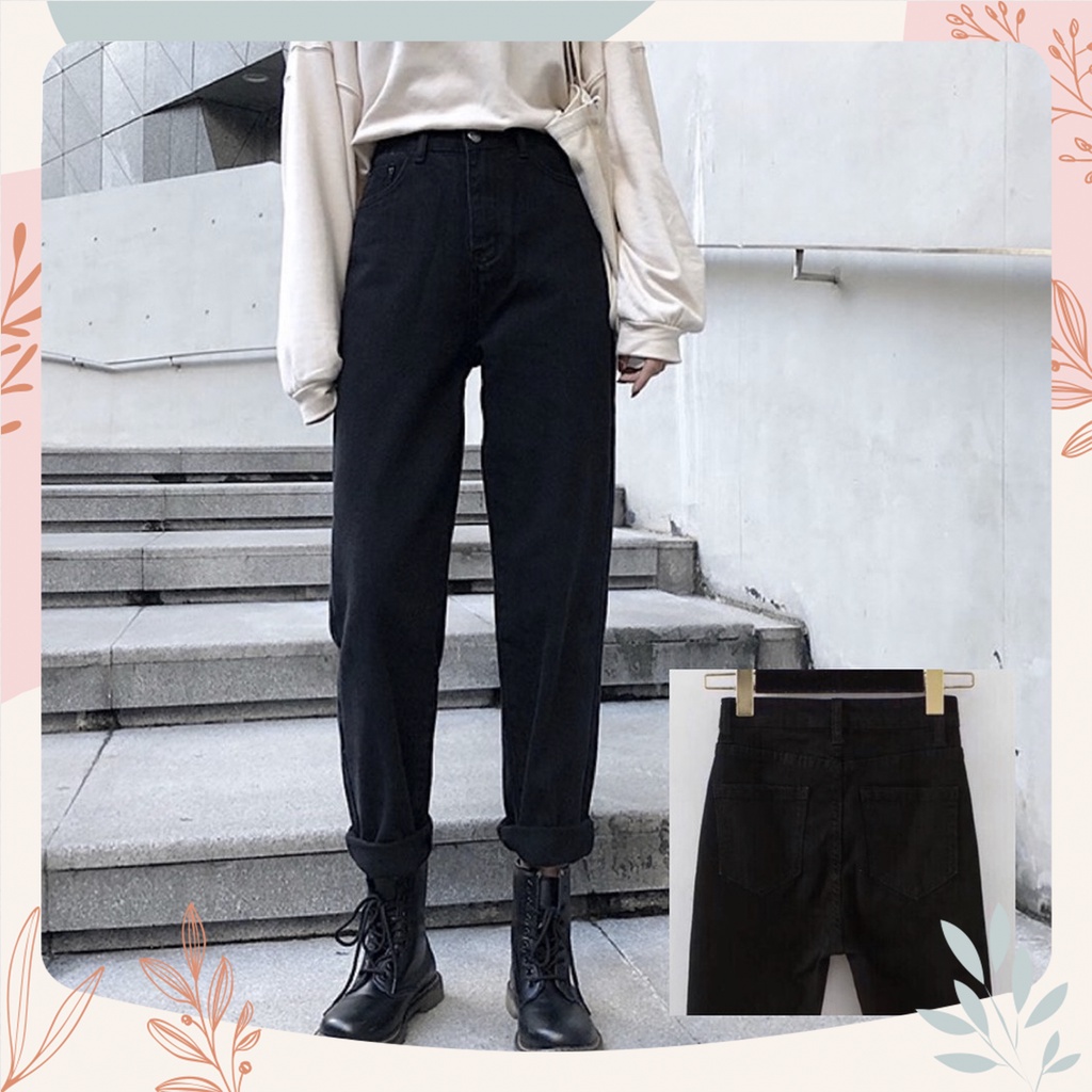 Quần Baggy jeans dáng dài màu đen trơn basic, lưng cao trên rốn, không giãn, dài 97cm