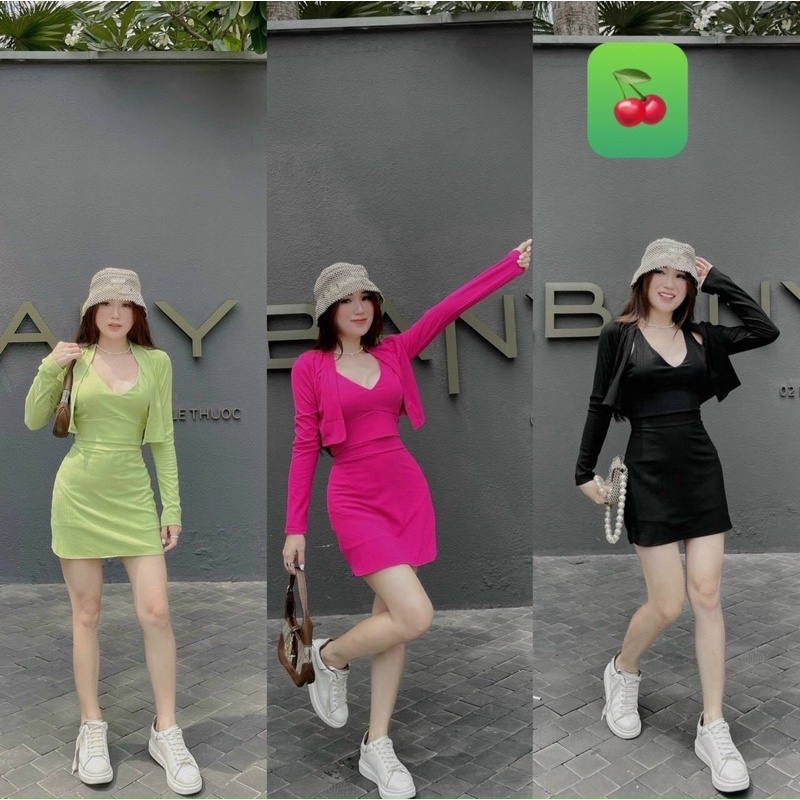 Sét bộ 3 món chất gân co giãn gồm áo khoác nhí xinh, chân váy chữ A kèm áo croptop cổ yếm xinh  Ng alohashop91