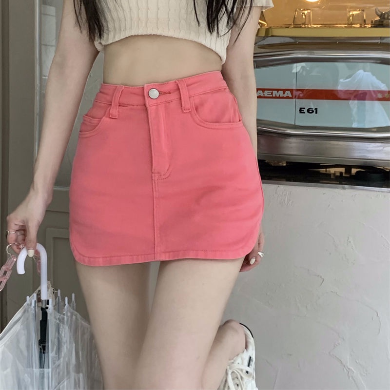 Jiashucheng Chân Váy Denim Hồng Lưng Cao Dáng Chữ a Thời Trang Mùa Hè Cho Nữ