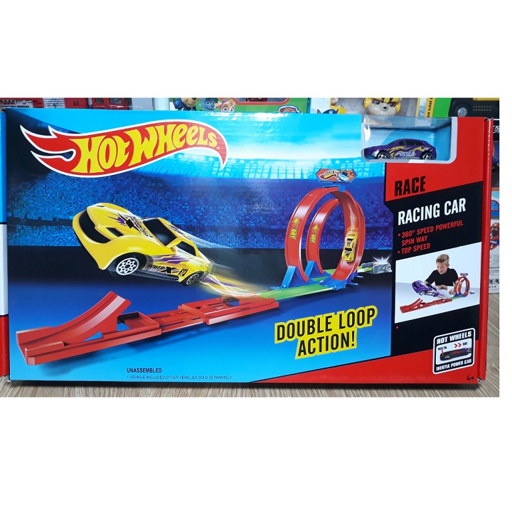 Đường đua xe hotwheel đồ chơi cho trẻ em gồm 1 xe và 2 vòng xoắn