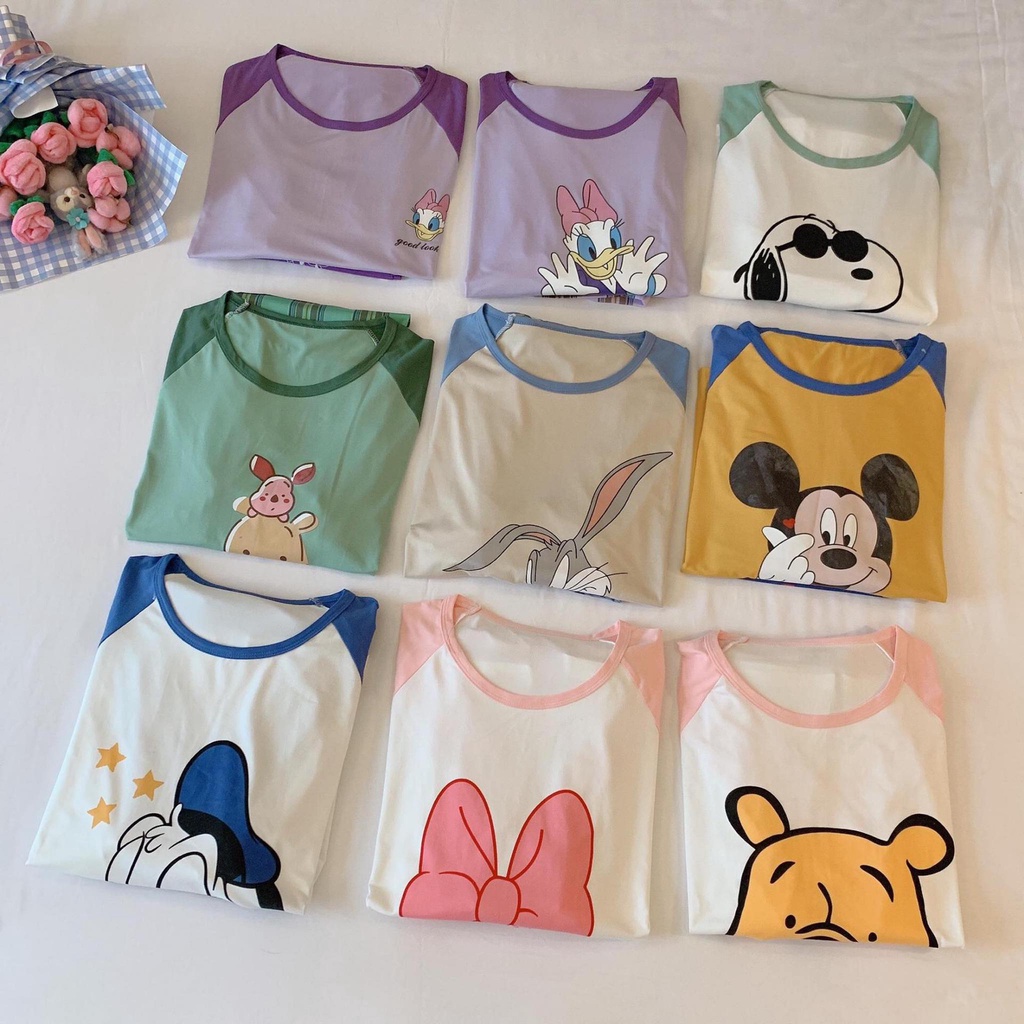 [Sẵn] Đồ bộ thun cotton quần dài, đồ mặc ở nhà Quảng Châu, pijama họa tiết hoạt hình dễ thương