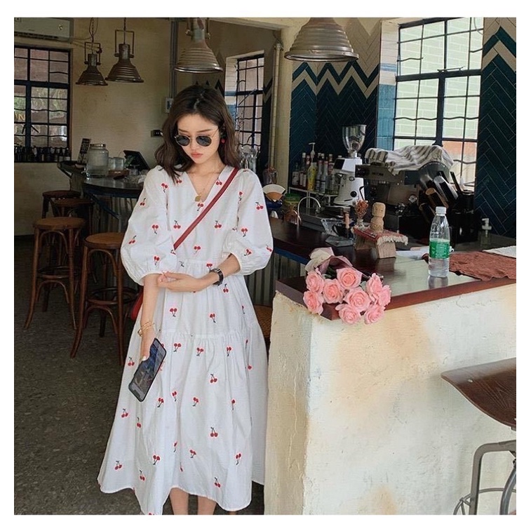 [MM] Váy dài vải lanh thêu cherry