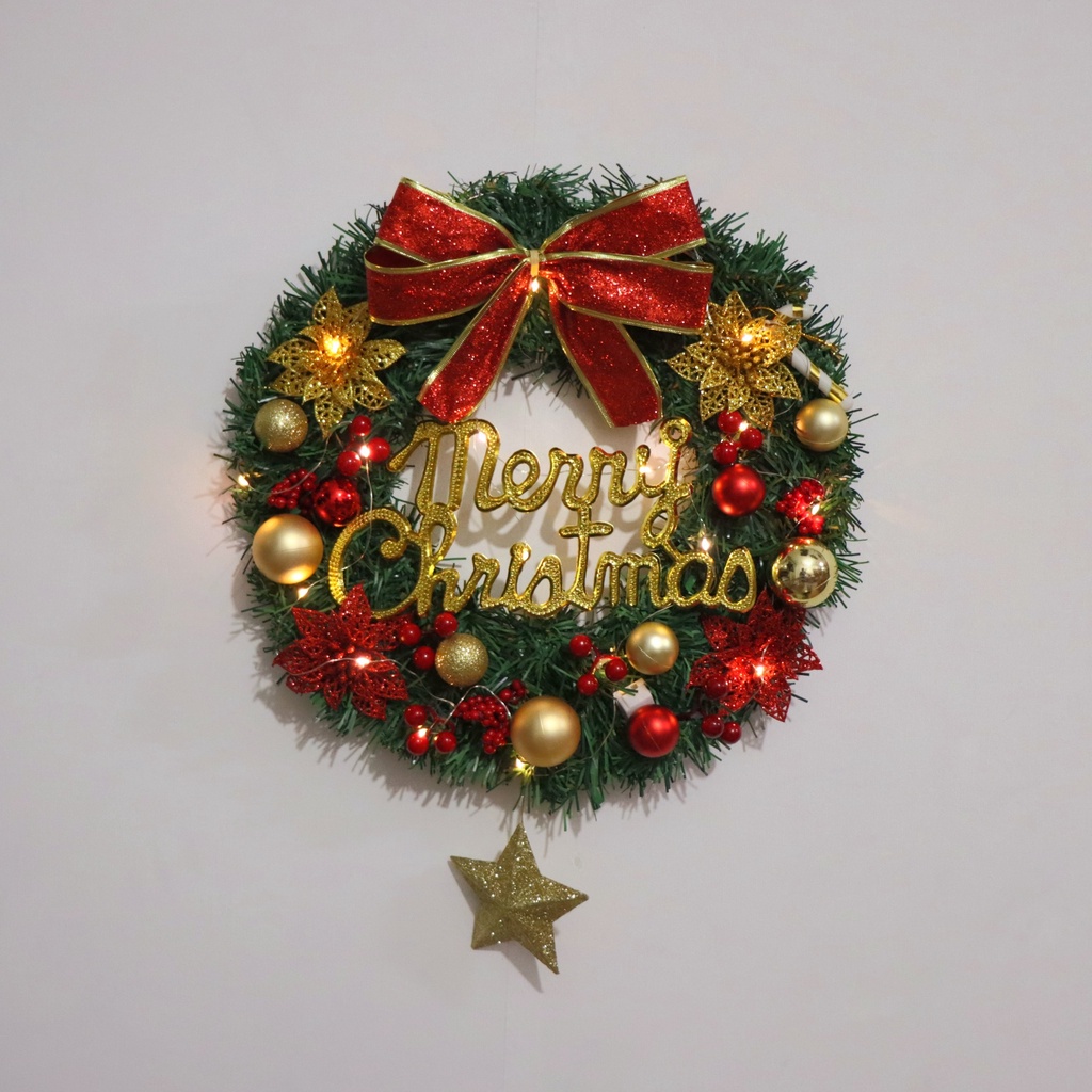 Vòng nguyệt quế vòng hoa noel mẫu D17 30CM (tặng kèm đèn)  trang trí giáng sinh, cây thông
