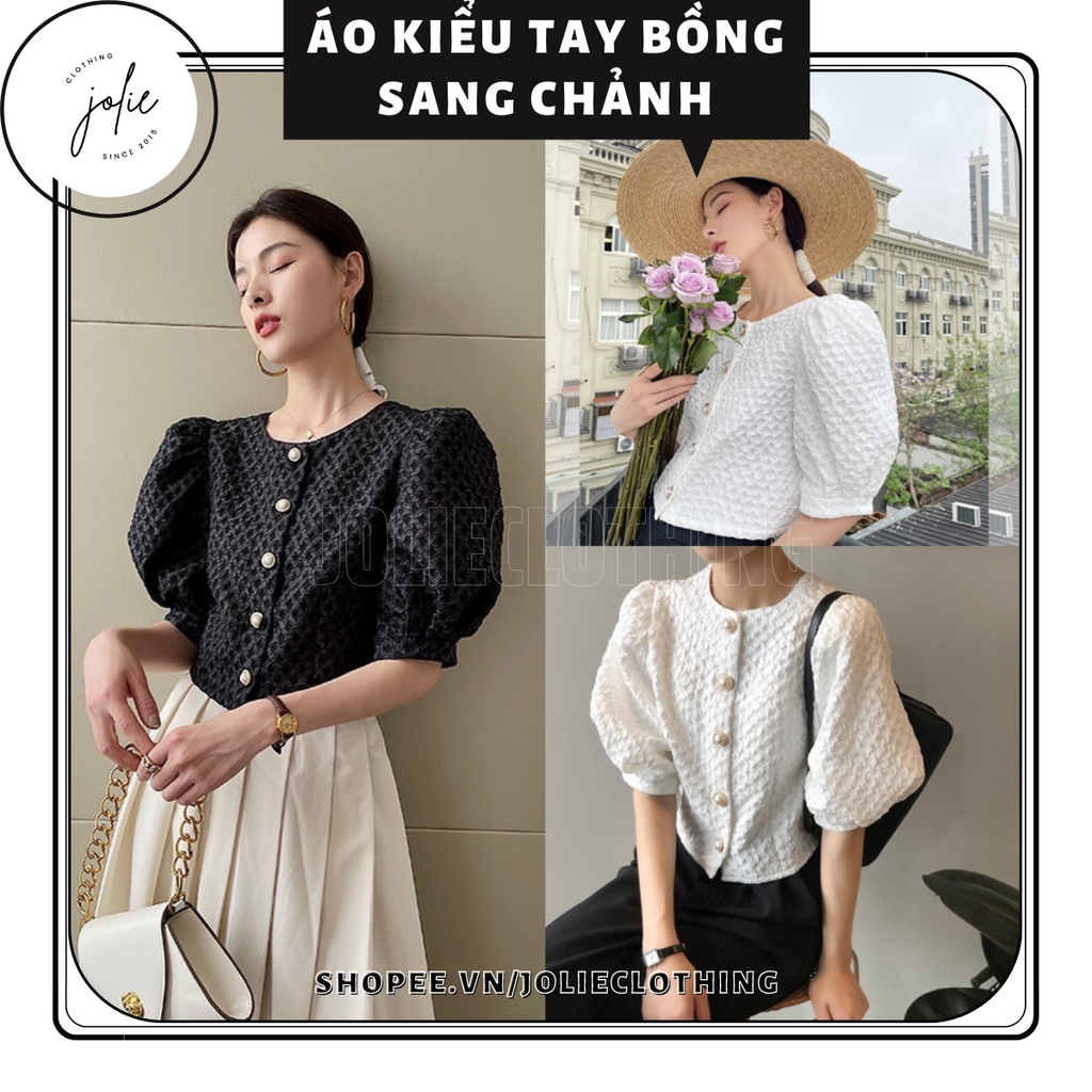 Áo kiểu tay ngắn dáng lửng, áo croptop tay bồng đính khuy tròn sang trọng, áo sơ mi nữ ngắn tay chất vải xốp sang trọng