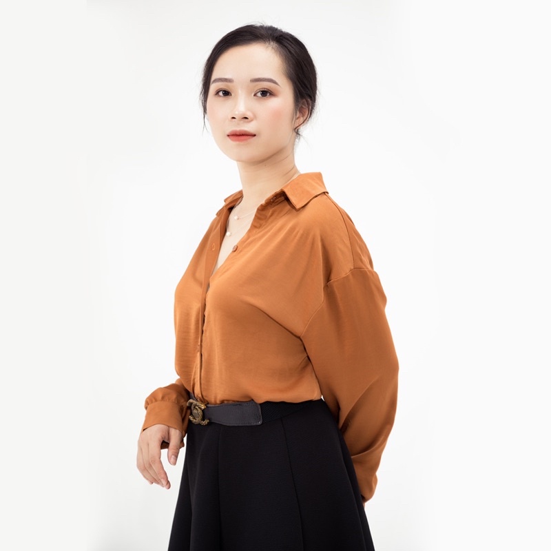 [Trend 2021] Áo sơ mi form rộng dáng xuông lụa tăm cao cấp thiết kế Made in Vietnam | Cam Đất (Orange Tangerine )