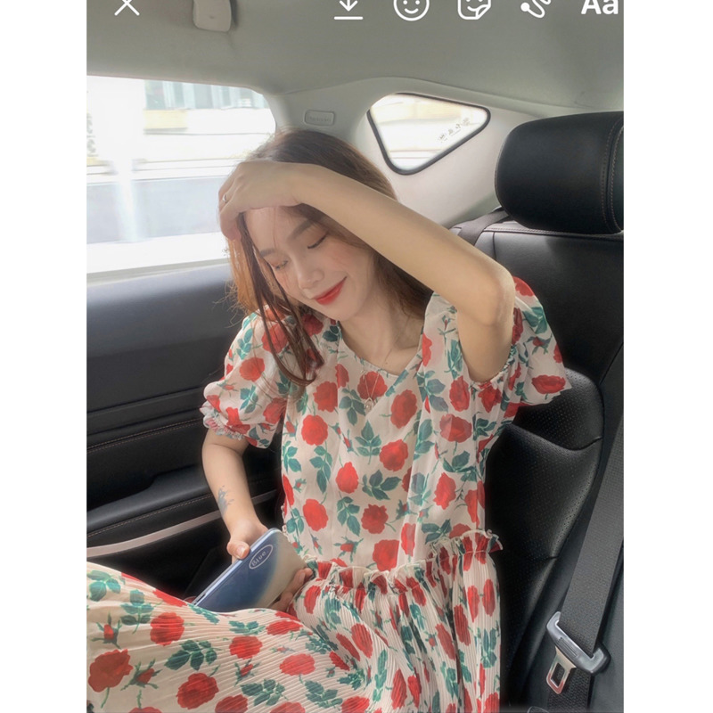 Đầm Hoa Tay Phồng Ngắn Xếp Ly Lưng Cao Thời Trang Hàn Quốc 176826 | BigBuy360 - bigbuy360.vn