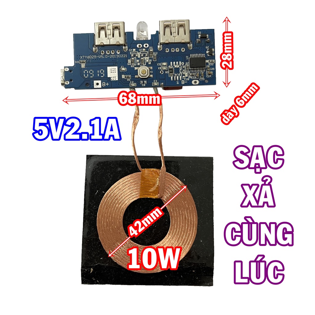 Mạch sạc dự phòng sạc không dây 10W 5V2.1A - sạc được cùng lúc vào và ra