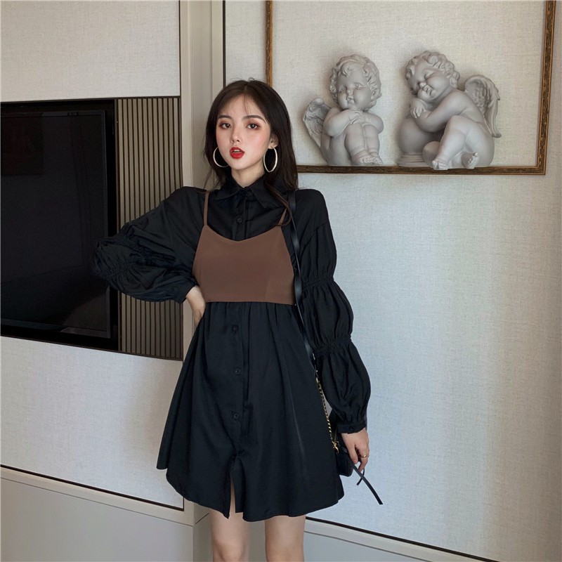 Set đồ nữ ulzzang gồm áo gile và áo sơ mi dáng dài tay bèo tiểu thư (freesize) GUUZ