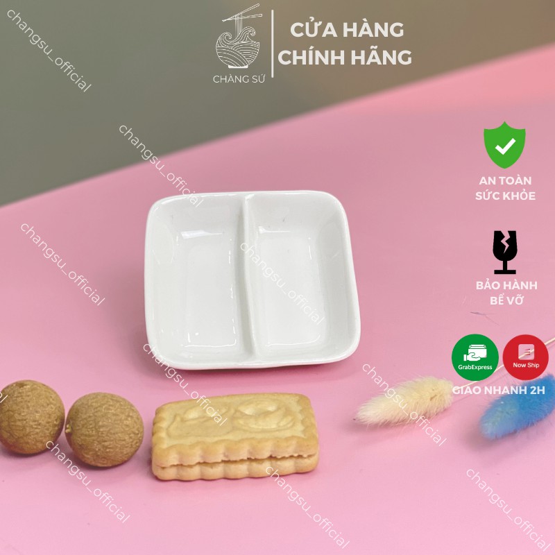 Đĩa chấm 2 ngăn trắng trơn đựng gia vị, tương cà, muối tiêu, xì dầu, nước mắm - Chén gia vị chia ngăn sứ Minh Châu