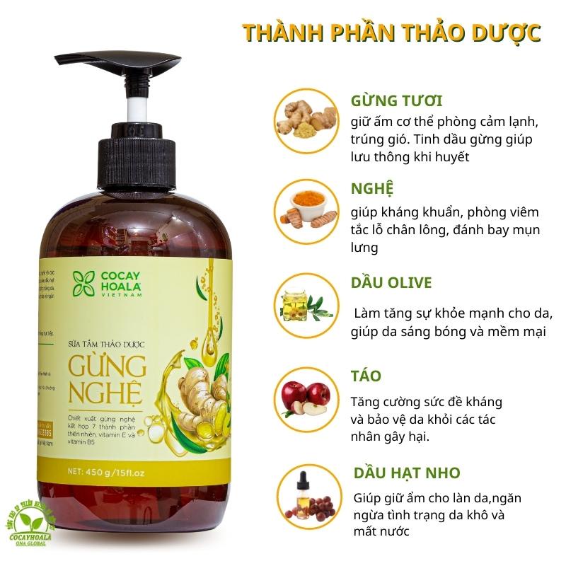 Sữa Tắm Gừng Nghệ Cocayhoala Sữa Tắm Thảo Dược Cỏ Cây Hoa Lá sáng da ngừa thâm hết mụn lưng giữ ấm cơ thể Chai 300g 450g