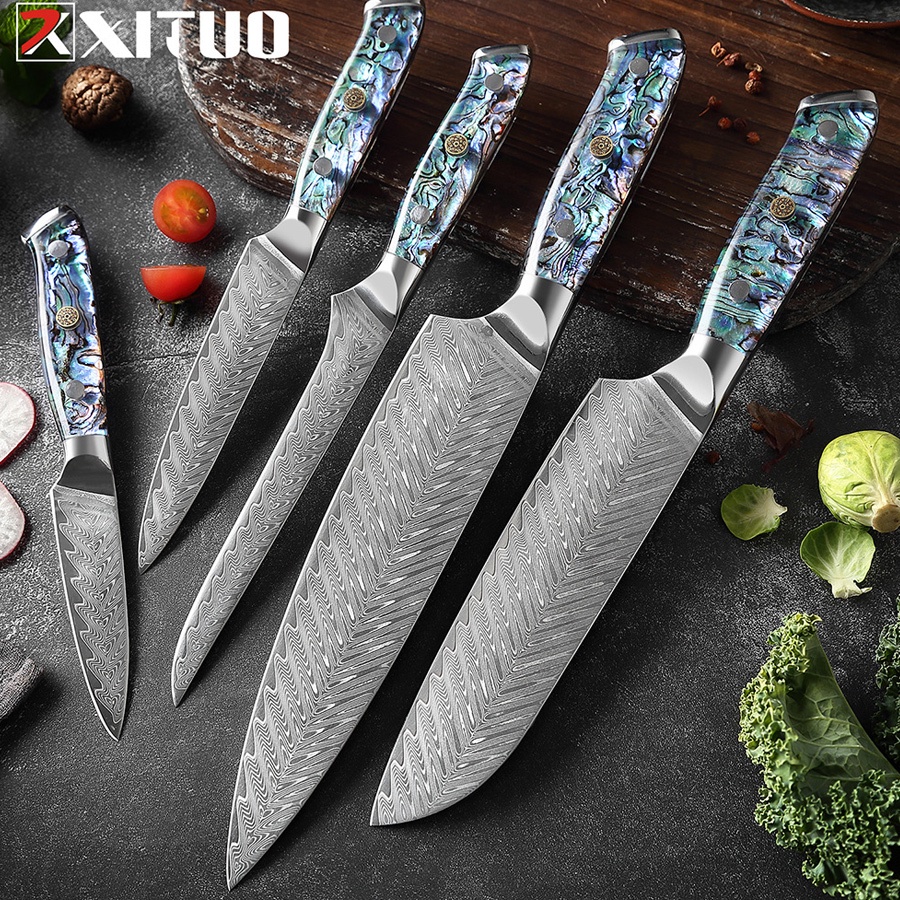 Bộ dao bếp 5 món Nhật Bản thép damacus cao cấp không gỉ có bán rời