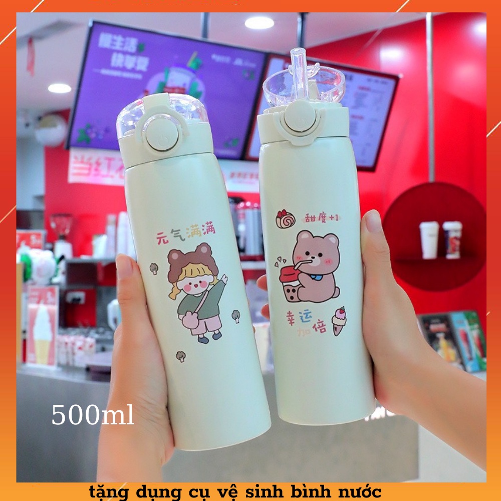 Bình giữ nhiệt 500ml Hình Gấu , bình nước giữ nhiệt inox 304 có ống hút có dây , bình giữ nhiệt cho bé