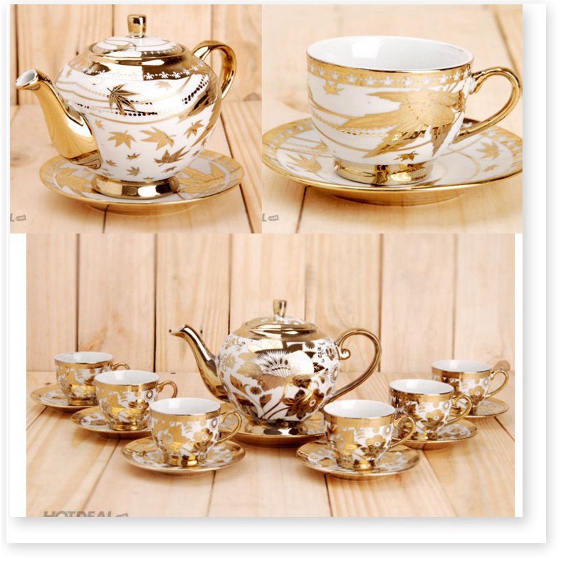 BỘ TÁCH TRÀ HOA VĂN NHŨ VÀNG HOÀNG GIA SANG TRỌNG - BỘ TRÀ 6 LY KÈM 7 ĐĨA DÙNG LÀM QUÀ TẶNG CAO CẤP