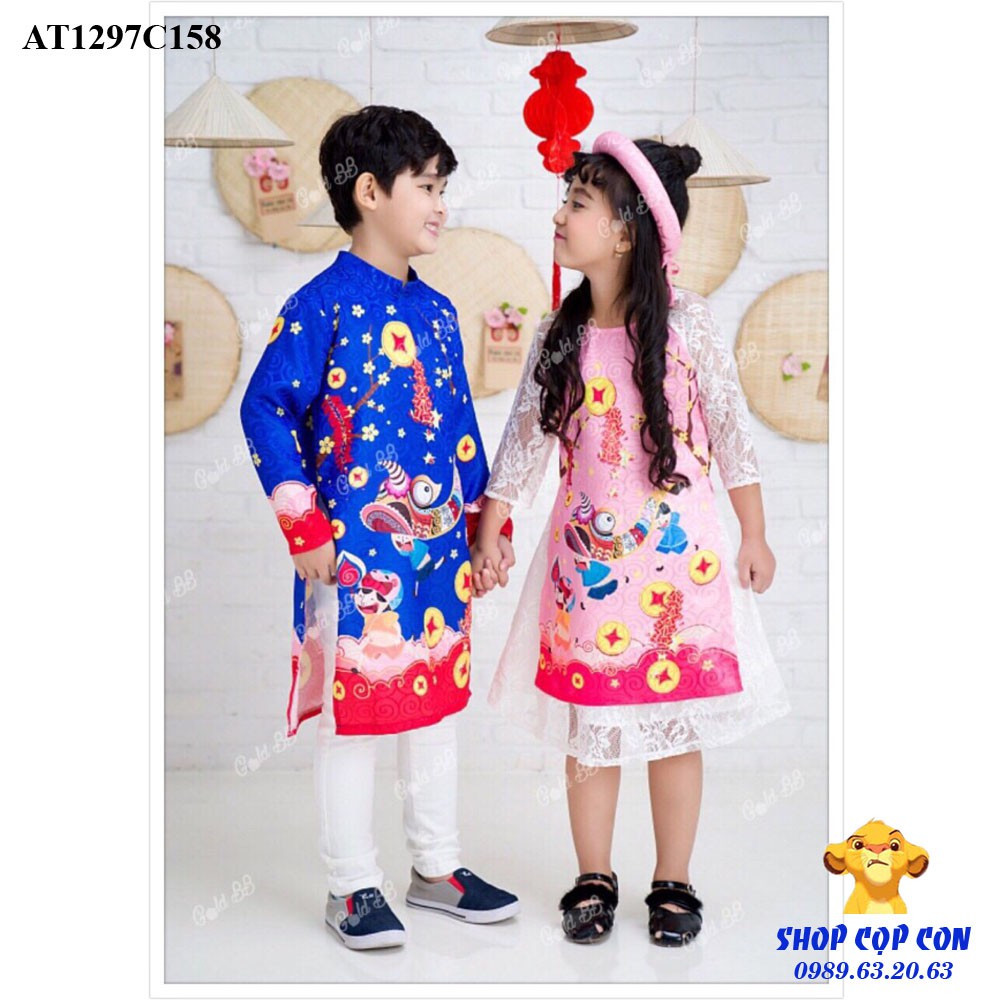 Áo dài bé trai hình múa lân màu xanh bích