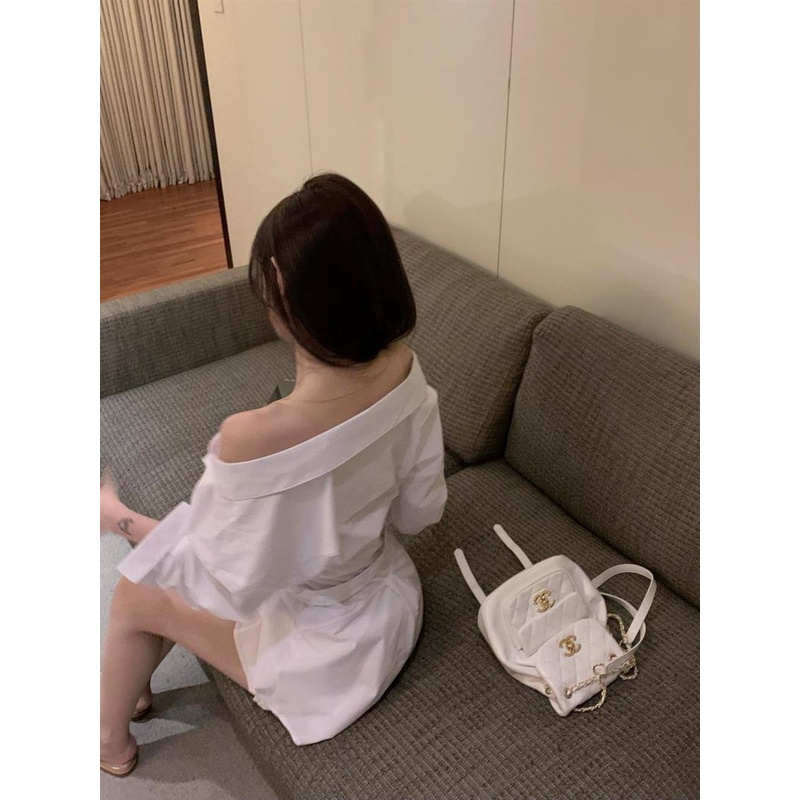 Đầm mini MURIOKI dáng chữ A cổ chữ V trễ vai phong cách Hàn Quốc thời trang công sở 2022