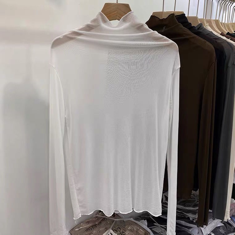 2023 new niche design sense of high neck inside the mesh top sunscreen foreign air age reduction lace undershirt women's T-shirt