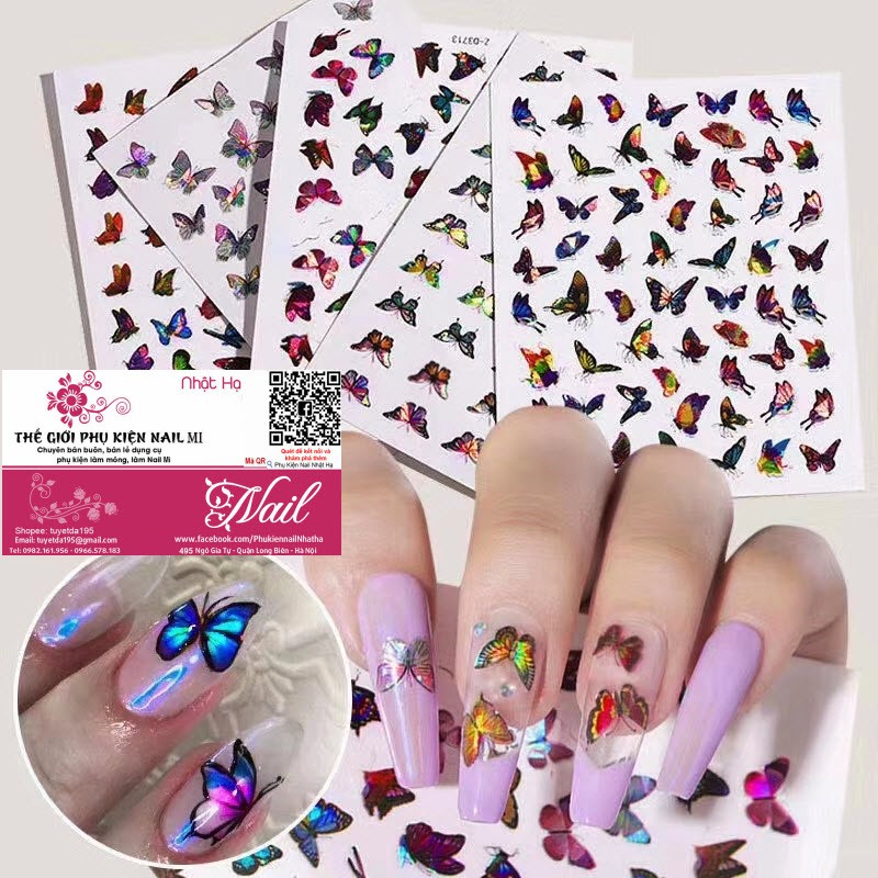 Nail Sticker Bướm Laser Dạ Quang Phong Cách Mới Trang Trí Móng Tuyệt Đẹp 2020 - Loại To 60pcs