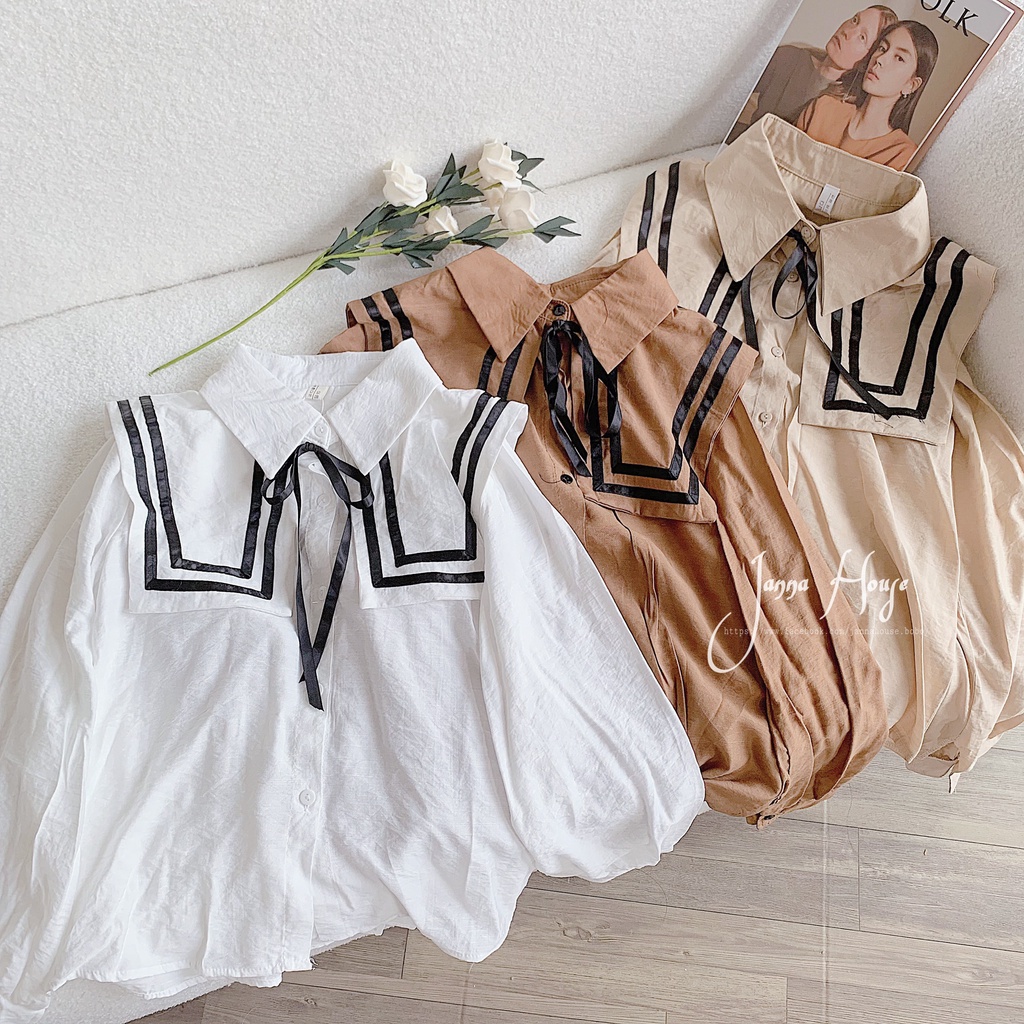 - Áo sơ mi tiểu thư ulzzang cổ vuông phối nơ - SM34 - jannahouse