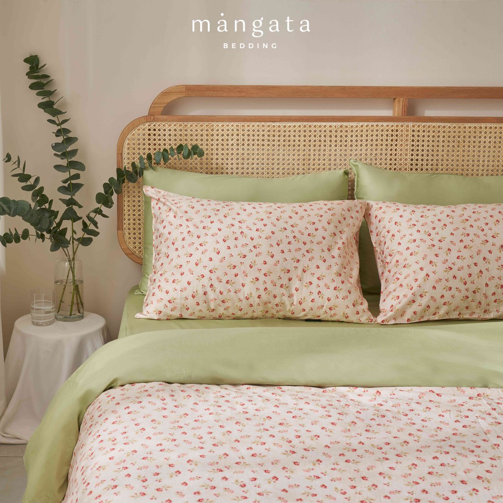 Bộ chăn ga gối Cotton Hàn Quốc MANGATA BEDDING hoa hồng nhí, 1 drap + 1 chăn + 2 vỏ gối nằm (1m6/1m8)