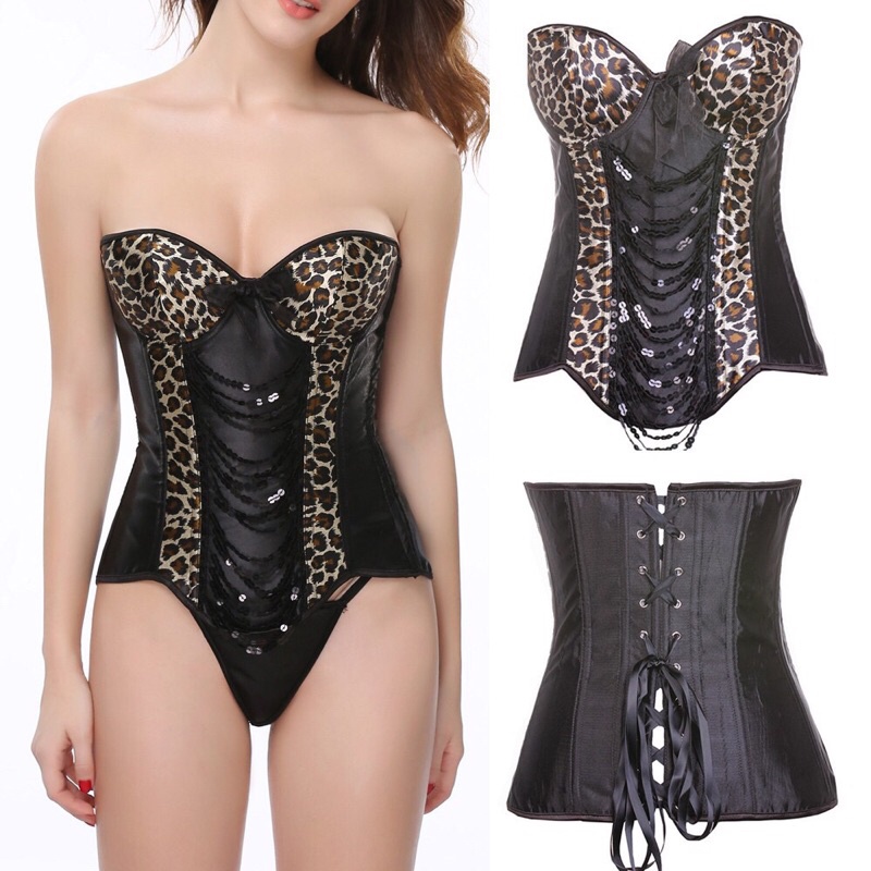 Set áo cúp ngực nịt bụng + quần lót lọt khe nữ hoạ tiết da báo