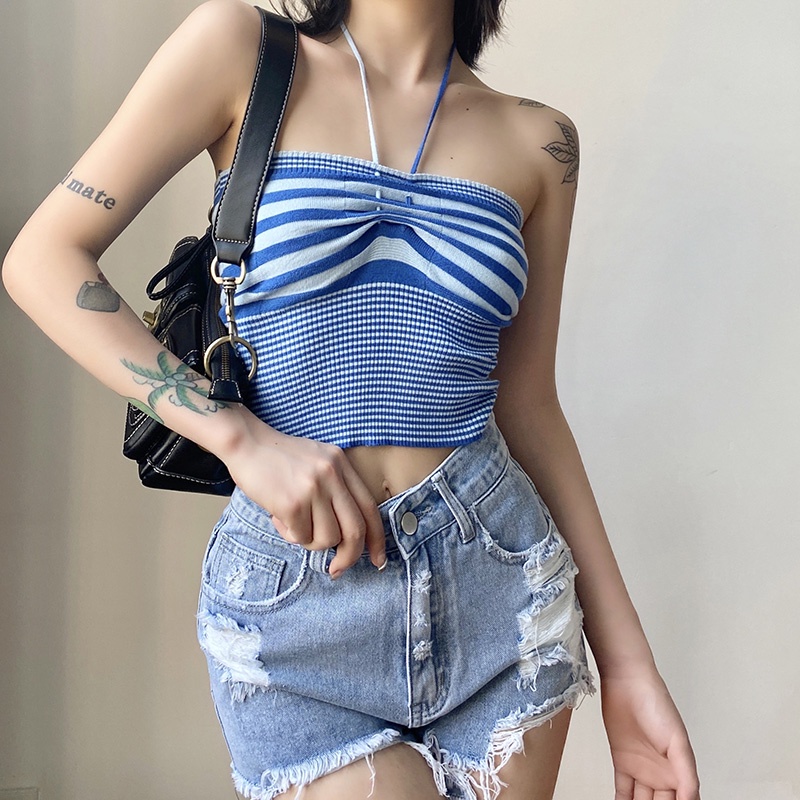 Kliou 2022 Mới vào mùa hè Áo kiểu KLIOU dáng ngắn hai dây hở lưng họa tiết kẻ sọc thời trang mùa hè dành cho nữ