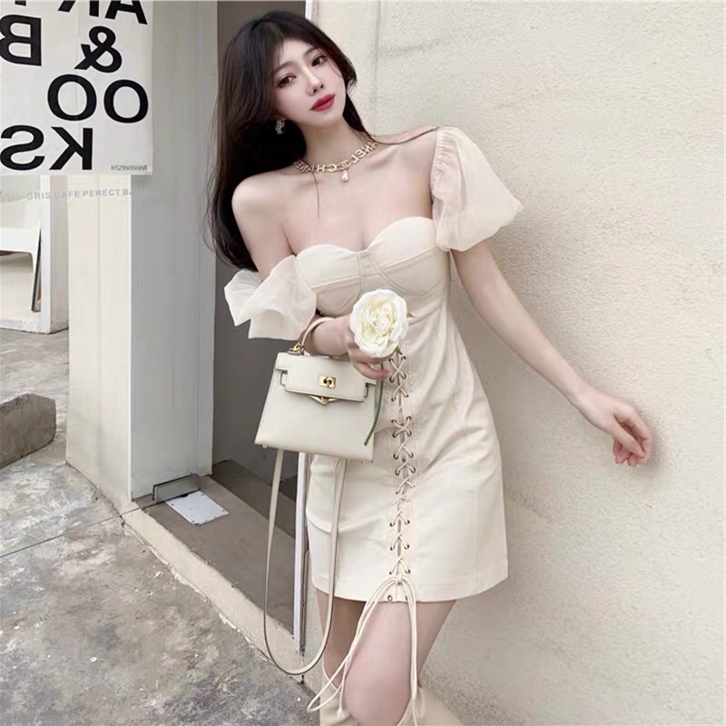 (ORDER.buiny)Váy tiểu thư tay voan ren trễ vai thắt dây cao cấp/Đầm dự tiệc sexy thiết kế phong cách Hàn Quốc