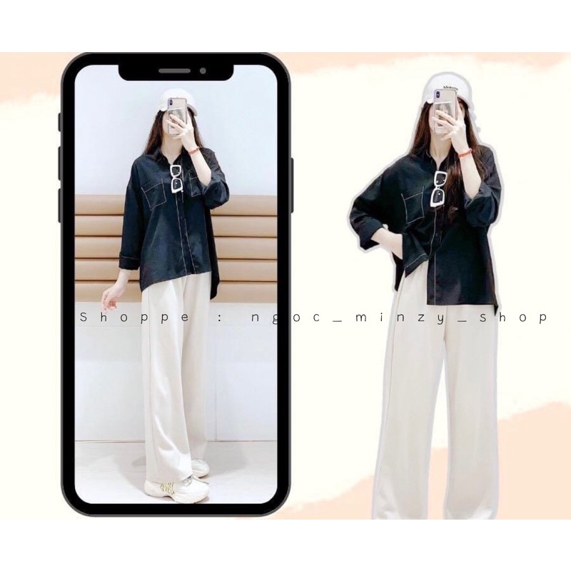 ÁO SƠ MI DÀI TAY TRẮNG ĐEN VIỀN CHỈ NỔI CHO NỮ, Sơ mi tay bo đỏ trắng