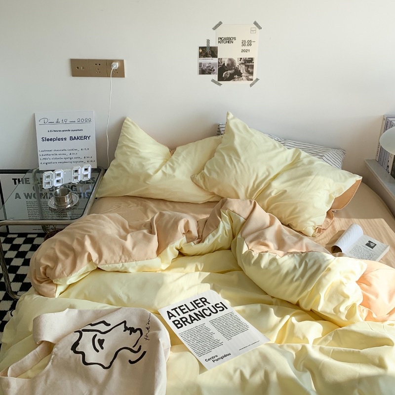 Bộ ga gối và vỏ chăn Cotton Tici No Tag Cao Cấp mềm mát mẫu Vàng Chanh Mix Be