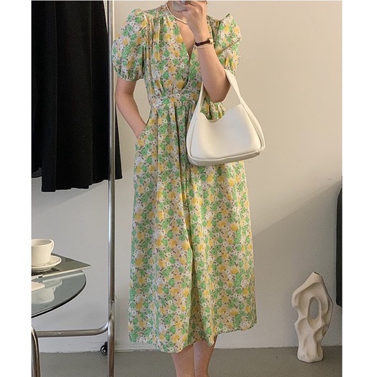 Váy hoa nhí cổ chéo rút eo dáng dài vintage Ulzzang style 🌸 Hàng Quảng Châu