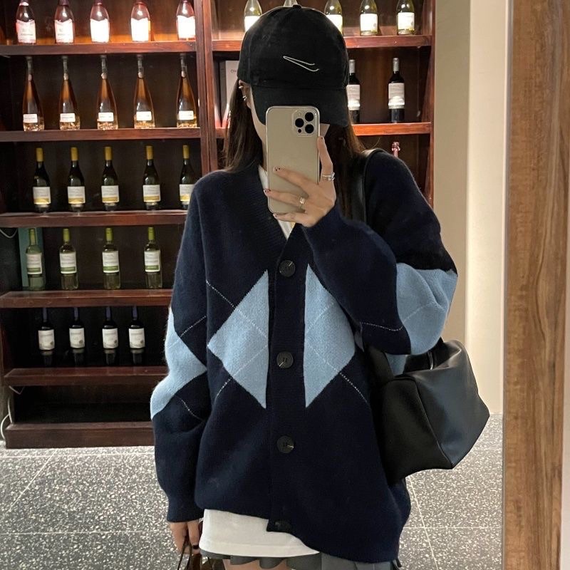Áo khoác cardigan len nữ Quảng châu họa tiết hình thoi kim cương trám caro phong cách hàn quốc vintage ulzzang - CLG05