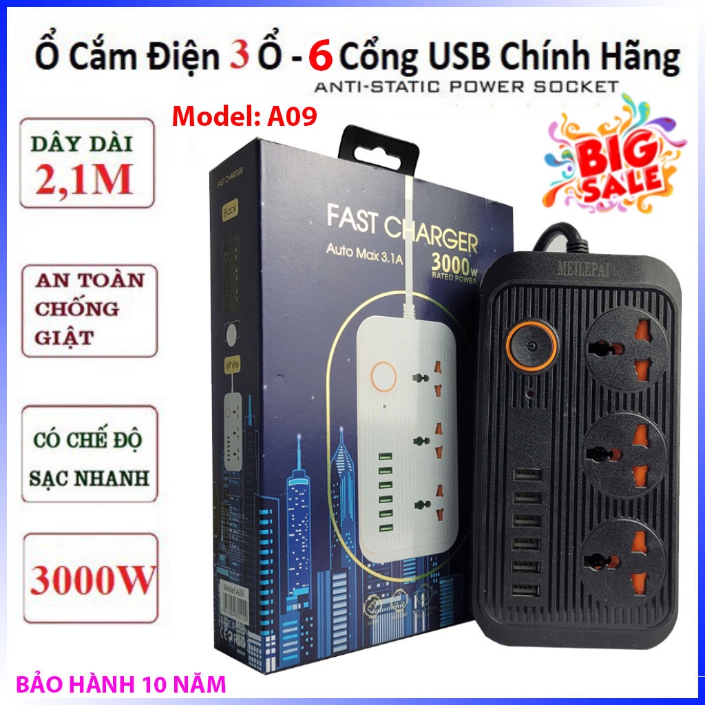 𝐂𝐨𝐦𝐛𝐨 𝟐 𝐂𝐚́𝐢Ổ điện đa năng thông minh A09, ổ cắm điện chính hãng tích hợp 3 cổng AV 250V và 6 cổng USB chống giật