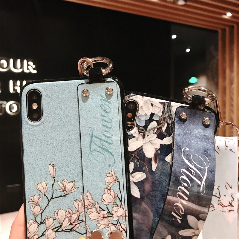 Ốp điện thoại mềm hình hoa có quai cầm thích hợp cho iPhone X XS XR XS Max 6 6s Plus 7 8 Plus 11 11 Pro Max SE 2020