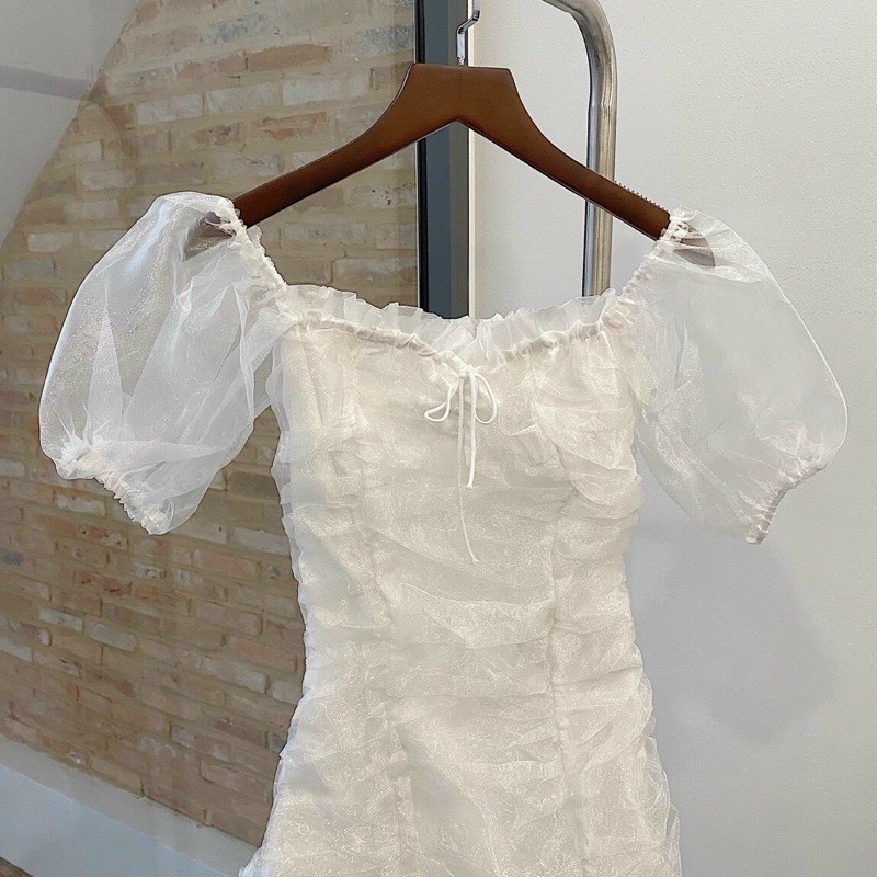 Đầm Trắng CHIC DRESS thiết kế tiểu thư búp tay bồng chất liệu vải hoa cotton & voan kiếng tone trắng nhẹ nhàng