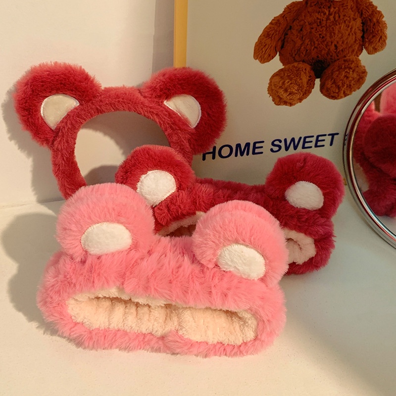 Băng Đô Cài Tóc Rửa Mặt Hình Tai Gấu / Dâu Tây Bằng Lông Nhung Thời Trang 2022 Dành Cho Nữ