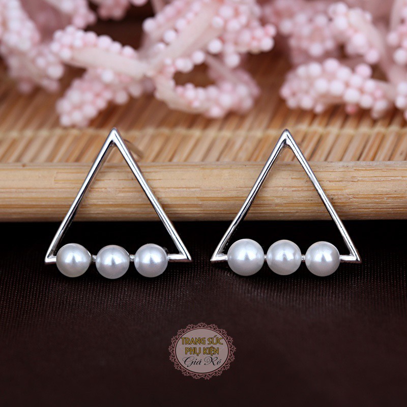 Bông tai nữ hình tam giác 3 hạt châu xinh xắn HT144, S925