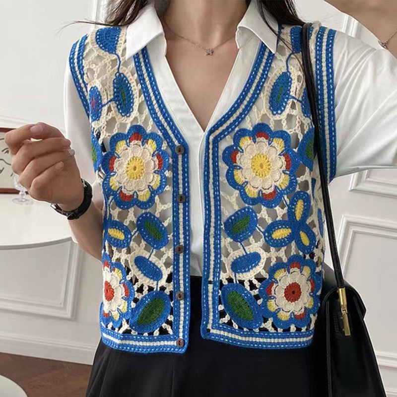 Áo Cardigan Dệt Kim Không Tay Dáng Rộng In Hoa Phối Nút Kiểu Pháp Xinh Xắn Cho Nữ