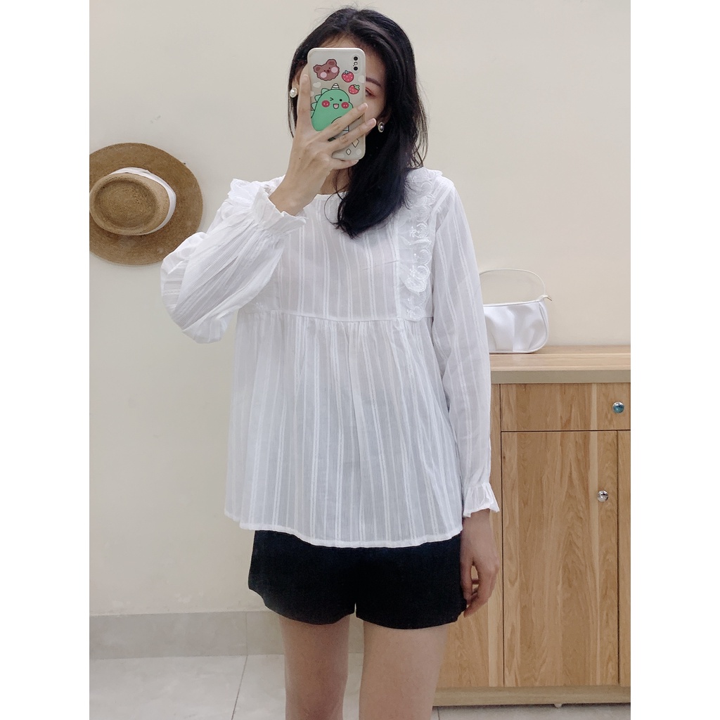 Áo Sơ Mi Dài Tay Dáng Babydoll - Tay Bo Chun, Phối Ren 2 bên cổ tròn xinh xắn A088