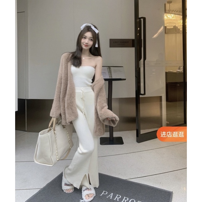Cardigan len lông thỏ dáng ngắn quần len ống suông Thu Đông