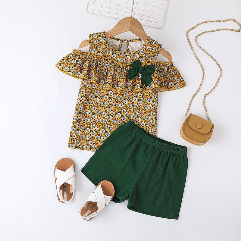 Combo bộ đồ bé gái 4-7 tuổi áo trễ vai quần đùi set mùa hè thời trang cho bé trẻ em