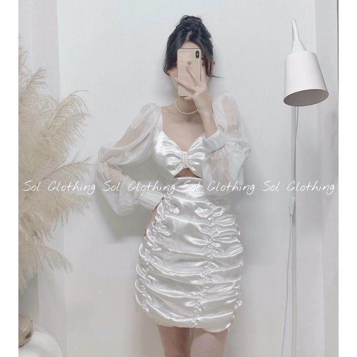 ĐẦM TRẮNG NHÚN THÂN, CUT OUT NGỰC, BO CHUN ỐNG TAY