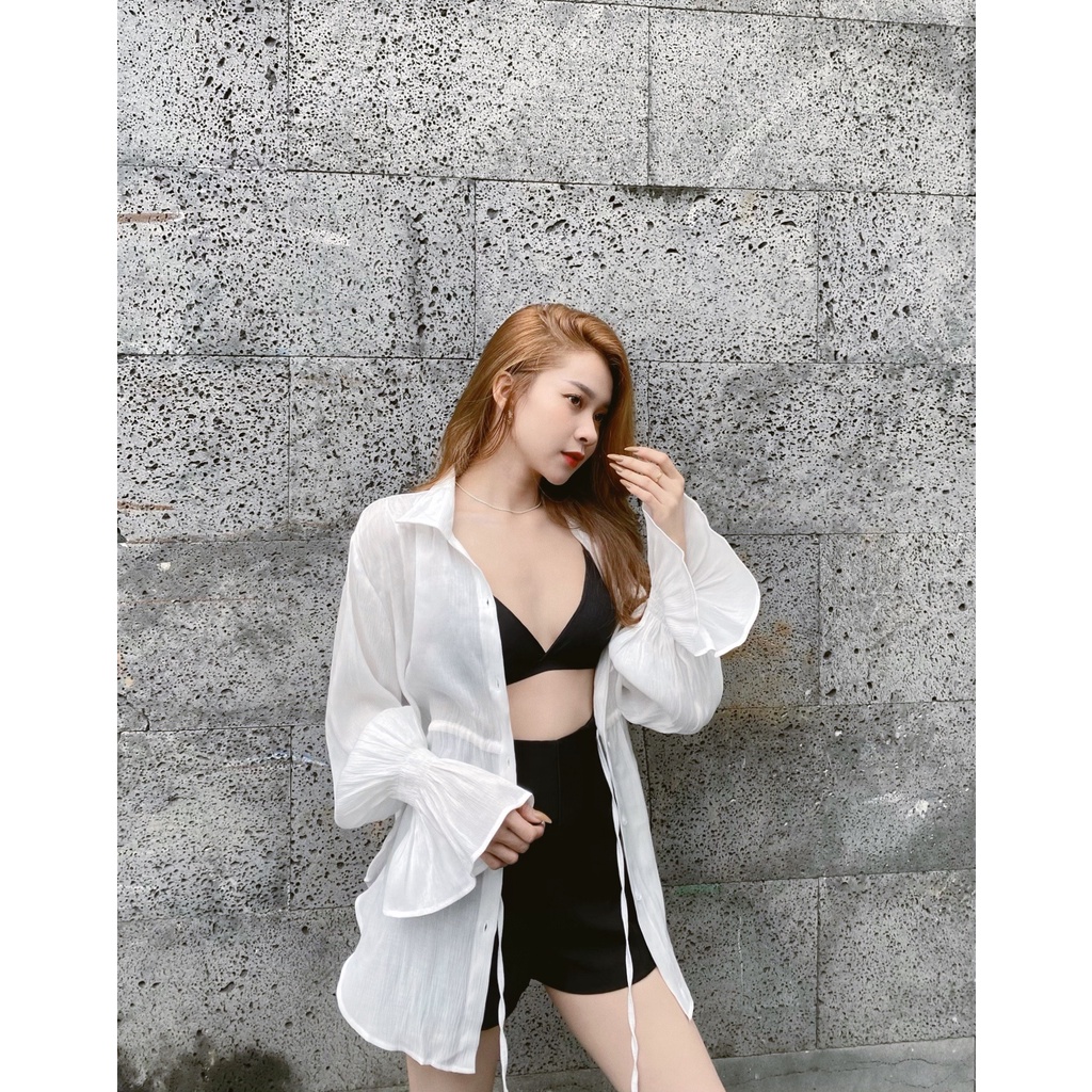 Áo sơmi tay phồng bèo dún vải tơ