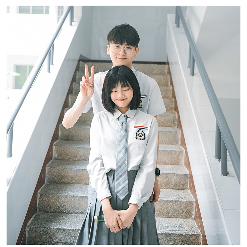 Áo sơ mi học sinh dài tay nam nữ, áo blouse phối JK, DK phong cách học sinh brand