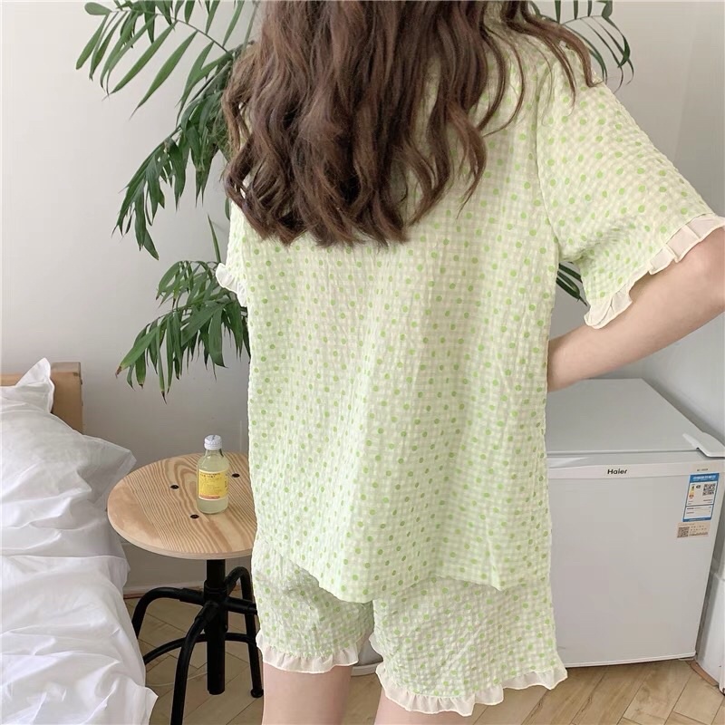 Bộ ngủ viền bèo chấm bi cao cấp
