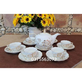 Bộ ấm chén vẽ sen vàng kim sứ trắng Bát Tràng. Thích hợp làm quà tặng, tân gia, biếu, hợp đồng