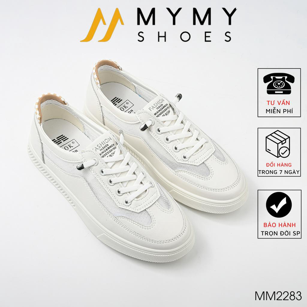 Giày sneaker nữ đế cao 2cm màu trắng phối viền cafe, viền ghi MyMyShoes - giày thể thao sneaker MM2283
