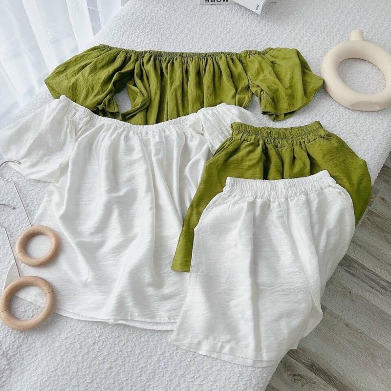 Set Đồ Nữ, Bộ Đồ Áo Nữ Trễ Vai Dáng Bồng Bềnh Chất Đũi Siêu Xinh | BigBuy360 - bigbuy360.vn