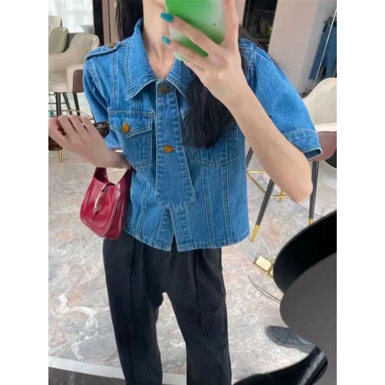 Áo Sơ Mi denim Tay Phồng Cổ Bẻ Dáng Ôm Phong Cách retro Thời Trang Hàn Quốc Đơn Giản