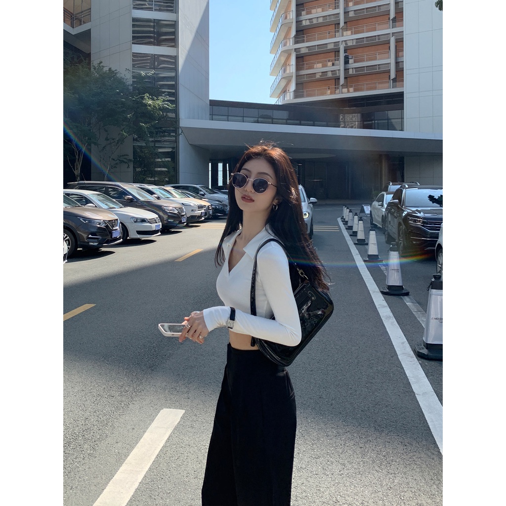 Áo Croptop Tay Dài Cổ Chữ V Phong Cách Hàn Quốc